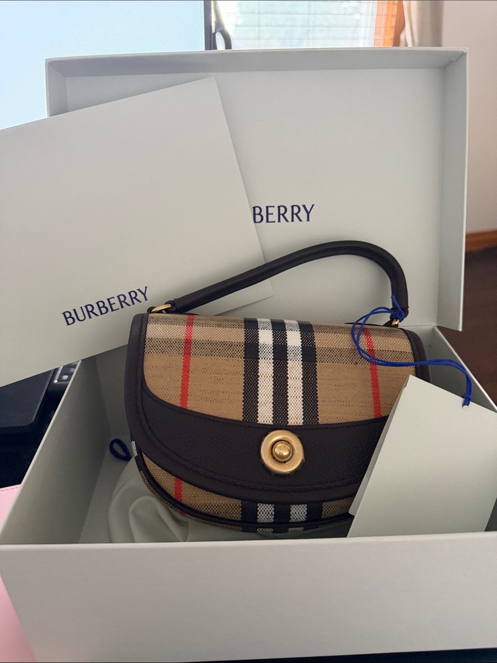 NEVER USEDBurberry Tan Vintage Check Mini Top-Handle Bag with Black Leather Trim
